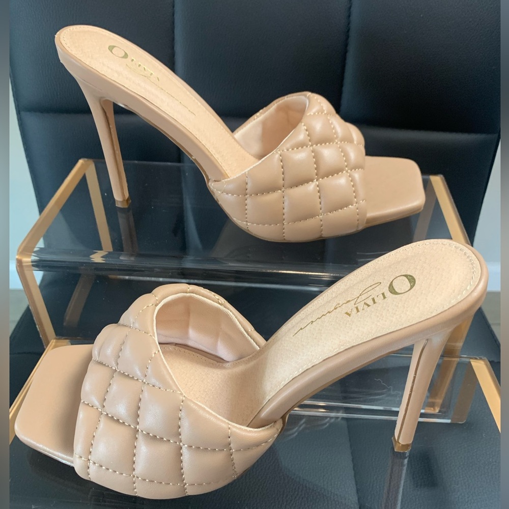 Square Open Toe Stiletto Sandals Single Quilted Band Slip-on Mules Nude- 7.5